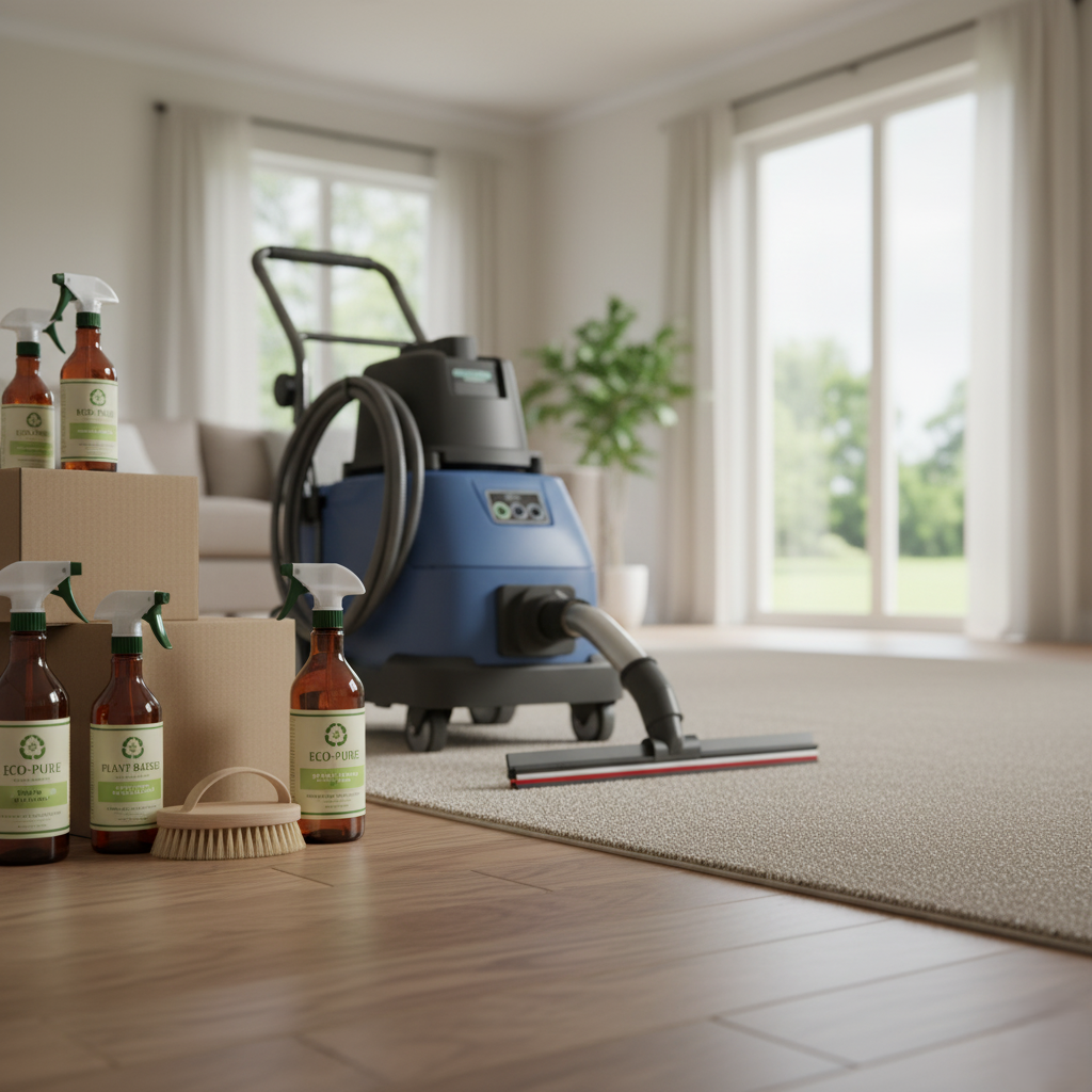 Eco friendly carpet cleaning products lined up next to professional equipment.