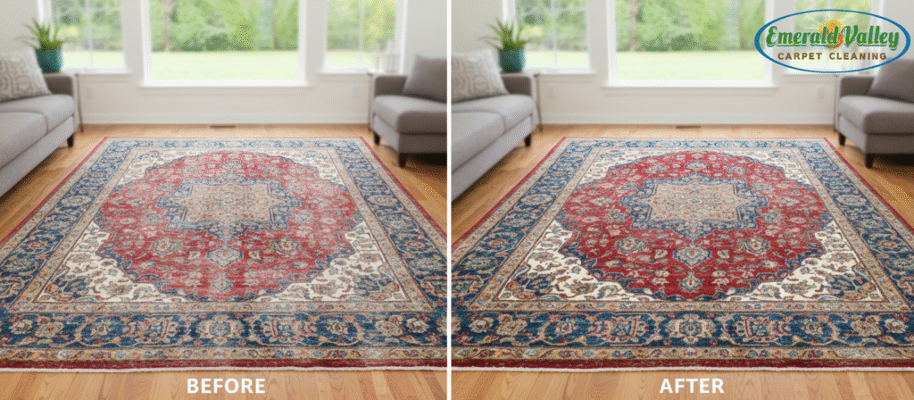 faded rug restored to vibrant colors after professional cleaning.