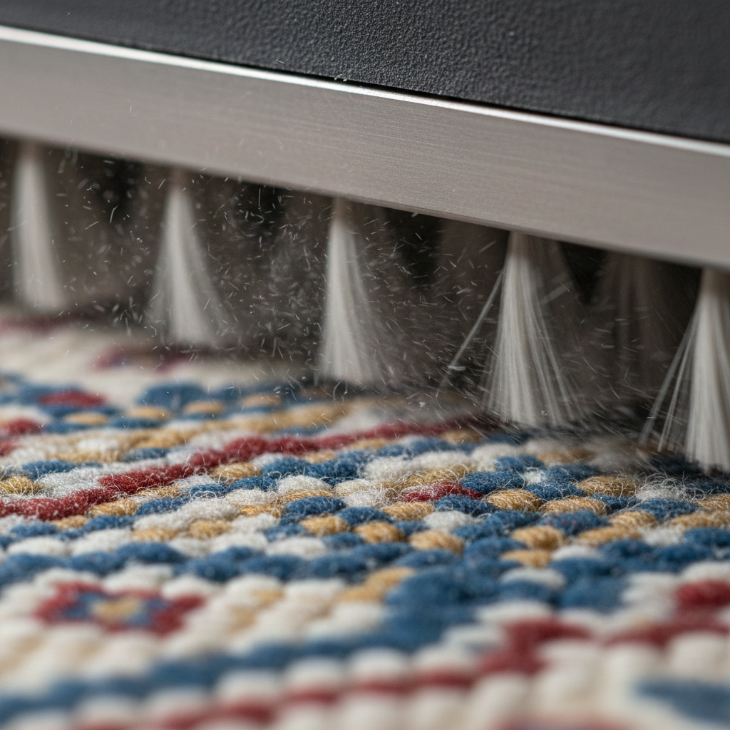 Rug being gently dusted using a rug dusting machine.
