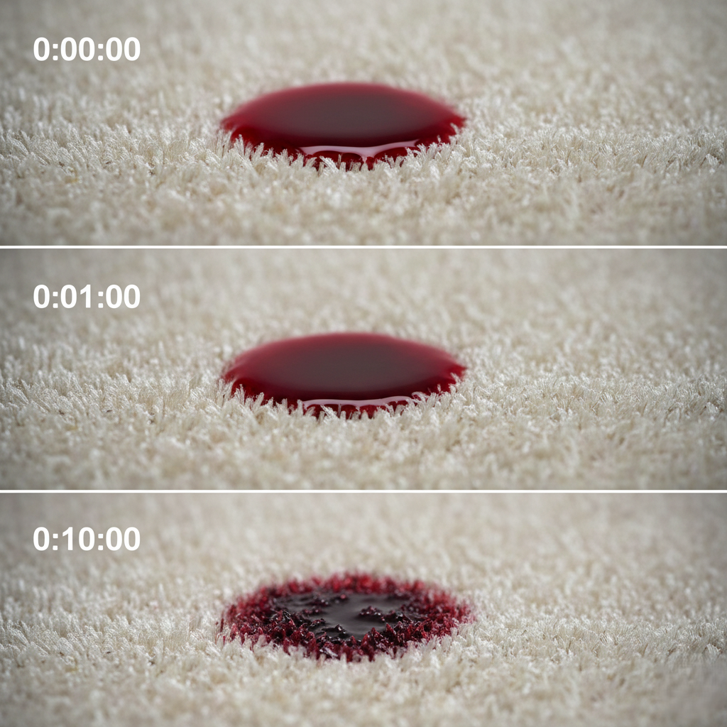 Time lapse graphic showing a stain setting into carpet fibers