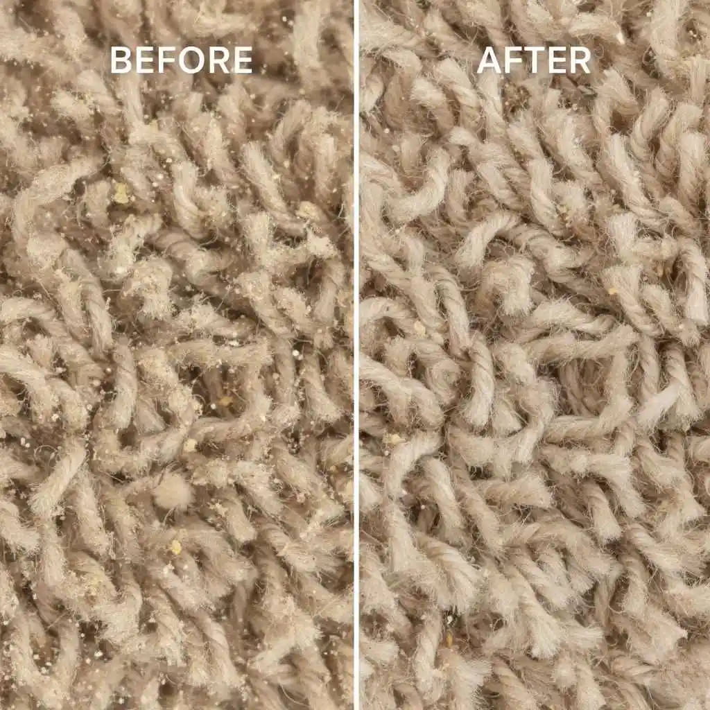 Beforeafter image of carpet fibers under magnification showing allergens removed