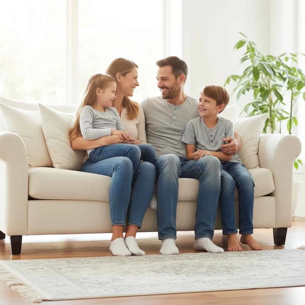 Happy family sitting on freshly cleaned sofa