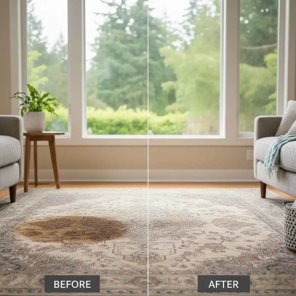 before and after image of a pet stained area rug restored.