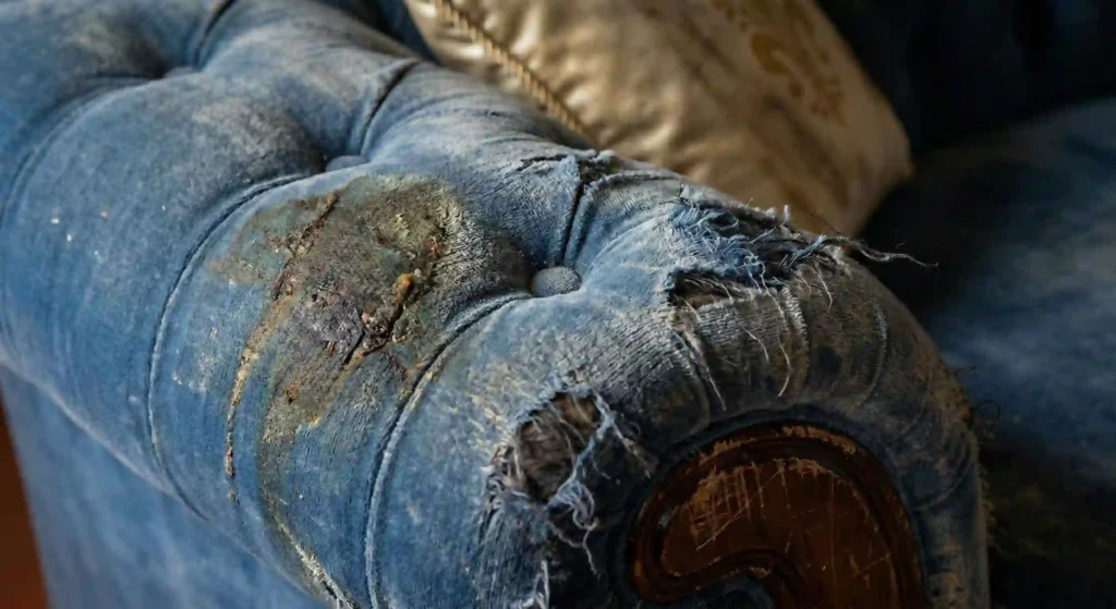 Florence living room sofa with visible wear and stains