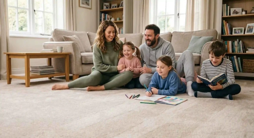 family relaxing on a freshly cleaned carpet