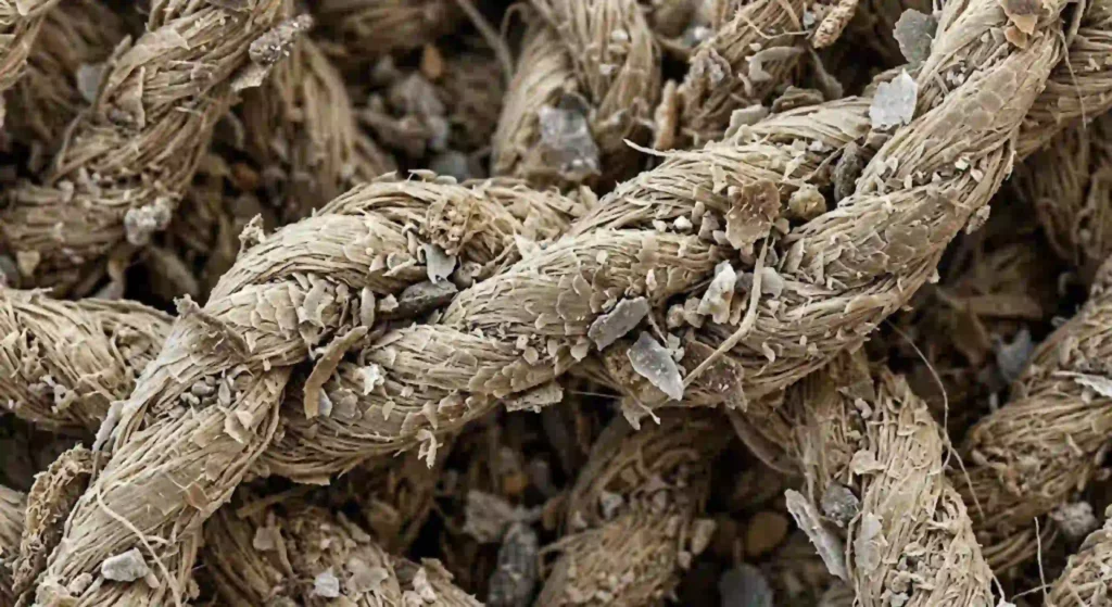 microscopic image of dust in carpet fibers