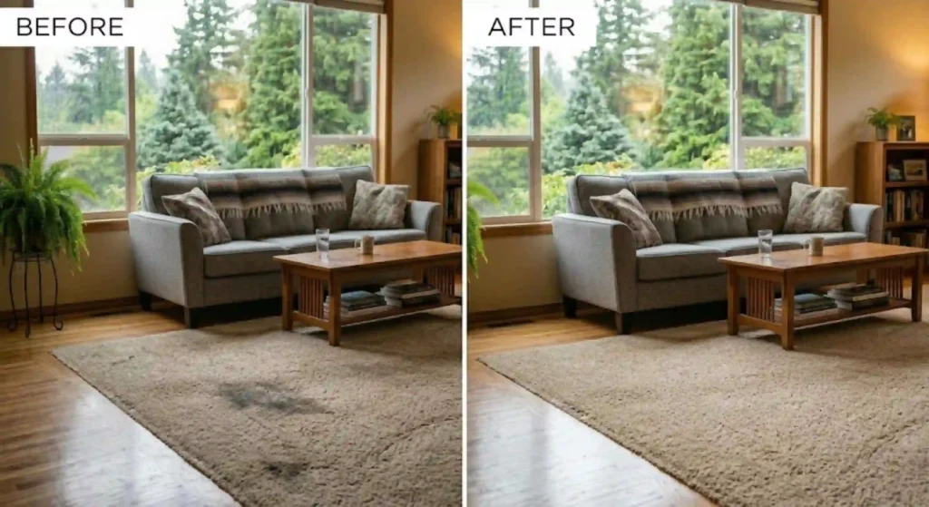 Before and after carpet cleaning transformation in Eugene Oregon home