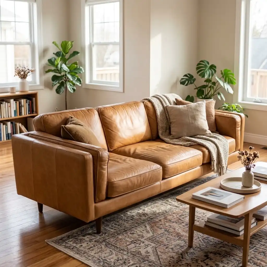 Clean and well maintained leather couch in a Eugene living room after professional upholstery care.