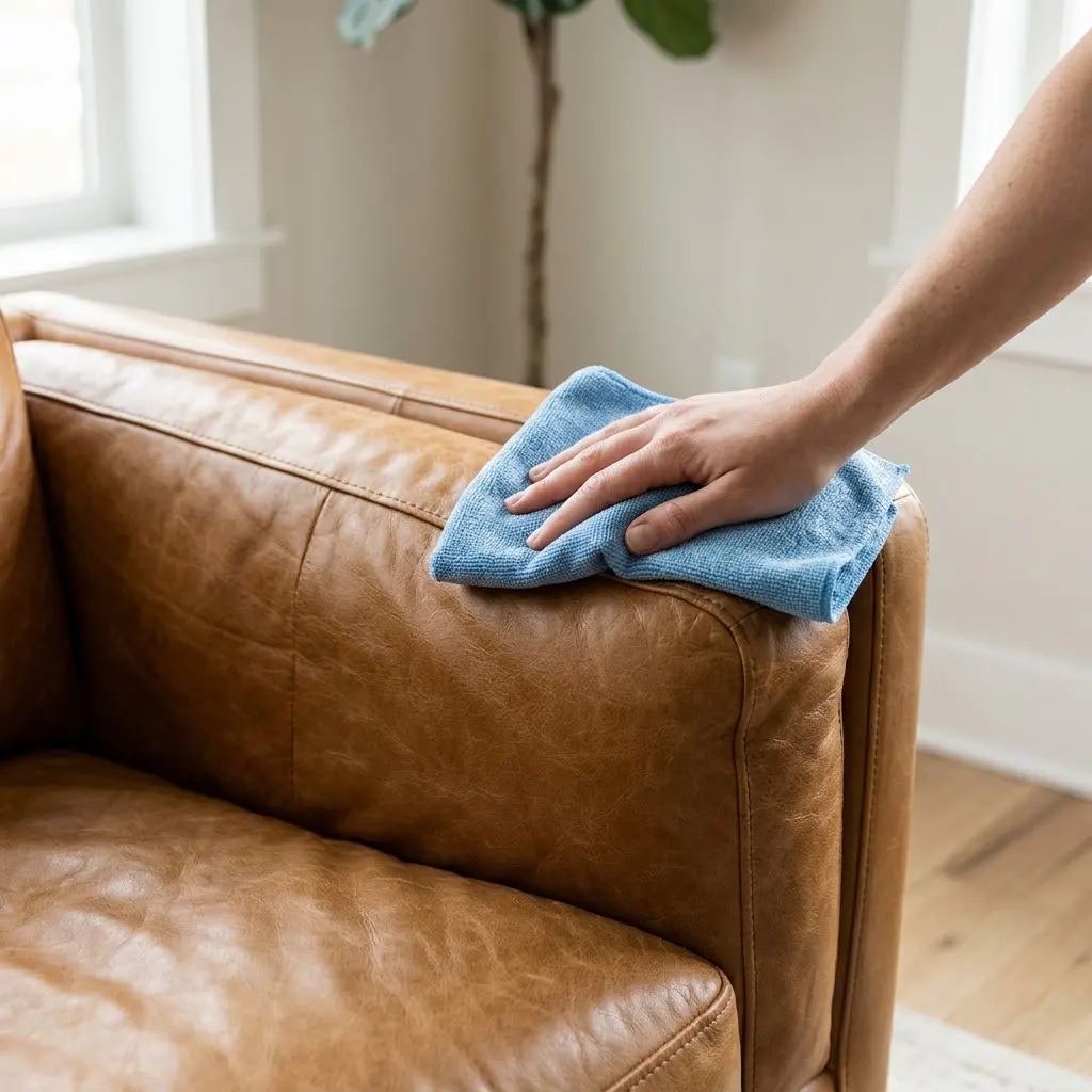 carefully cleaning leather couch upholstery without harsh scrubbing.